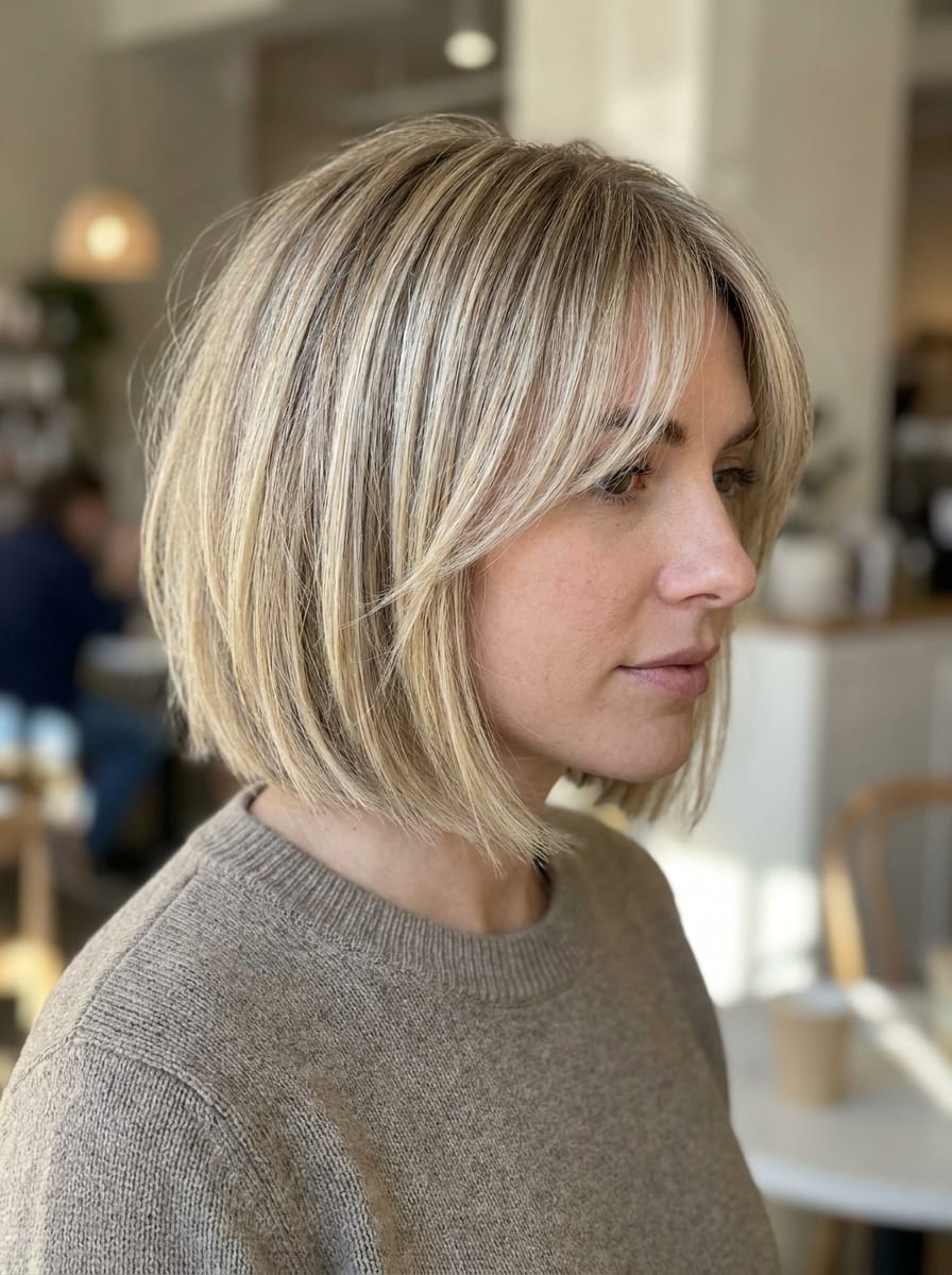 Kurzer blonder Bob mit Curtain Bangs - Kurzer blonder Bob